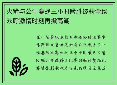 火箭与公牛鏖战三小时险胜终获全场欢呼激情时刻再掀高潮