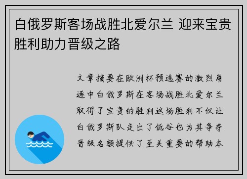 白俄罗斯客场战胜北爱尔兰 迎来宝贵胜利助力晋级之路
