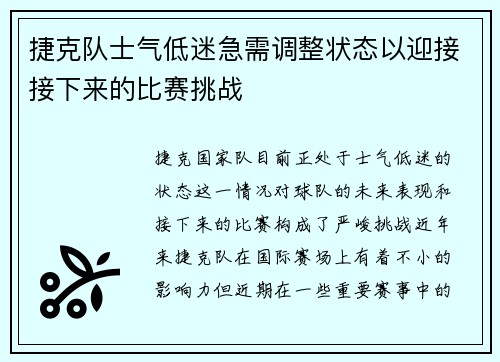 捷克队士气低迷急需调整状态以迎接接下来的比赛挑战