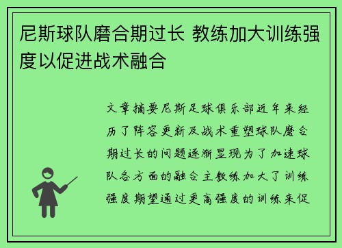 尼斯球队磨合期过长 教练加大训练强度以促进战术融合