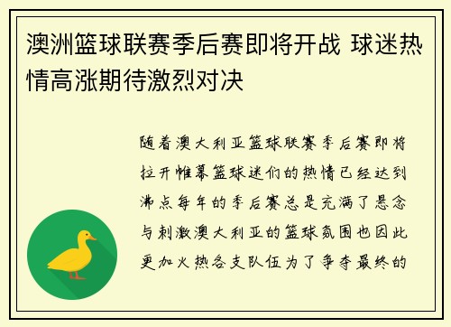 澳洲篮球联赛季后赛即将开战 球迷热情高涨期待激烈对决