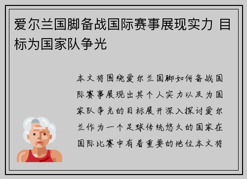 爱尔兰国脚备战国际赛事展现实力 目标为国家队争光
