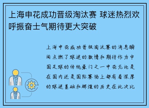 上海申花成功晋级淘汰赛 球迷热烈欢呼振奋士气期待更大突破