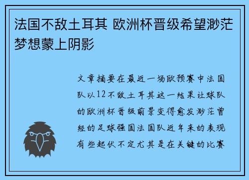 法国不敌土耳其 欧洲杯晋级希望渺茫梦想蒙上阴影