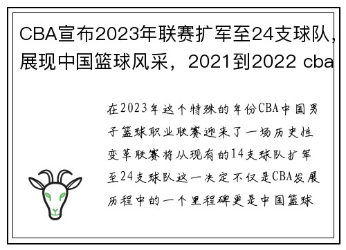 CBA宣布2023年联赛扩军至24支球队，展现中国篮球风采，2021到2022 cba联赛