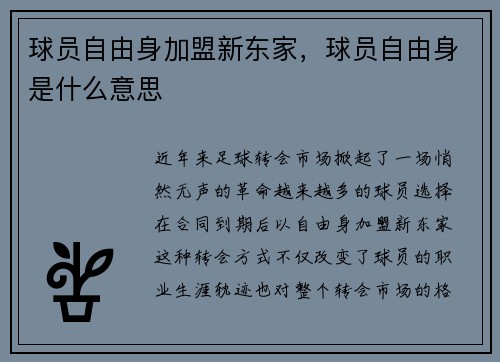 球员自由身加盟新东家，球员自由身是什么意思