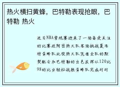 热火横扫黄蜂，巴特勒表现抢眼，巴特勒 热火