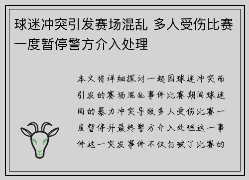 球迷冲突引发赛场混乱 多人受伤比赛一度暂停警方介入处理