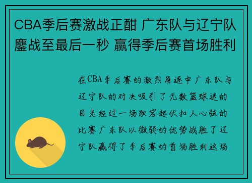 CBA季后赛激战正酣 广东队与辽宁队鏖战至最后一秒 赢得季后赛首场胜利