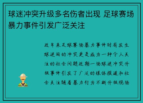 球迷冲突升级多名伤者出现 足球赛场暴力事件引发广泛关注